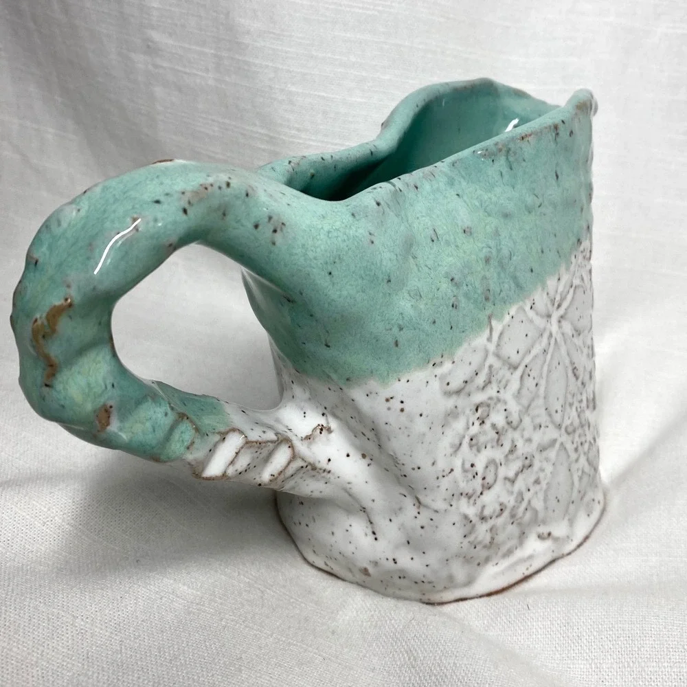 Signed Handmade Studio‎ Pottery Pitcher Aqua White Speckled Glaze Floral Texture